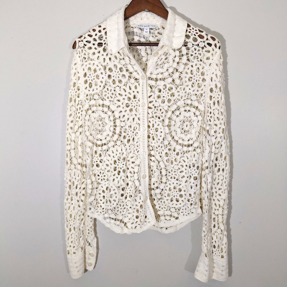 Fairycore Lace Crochet Top PM Prairie Romantic Vintage Style Button Up Blouse
